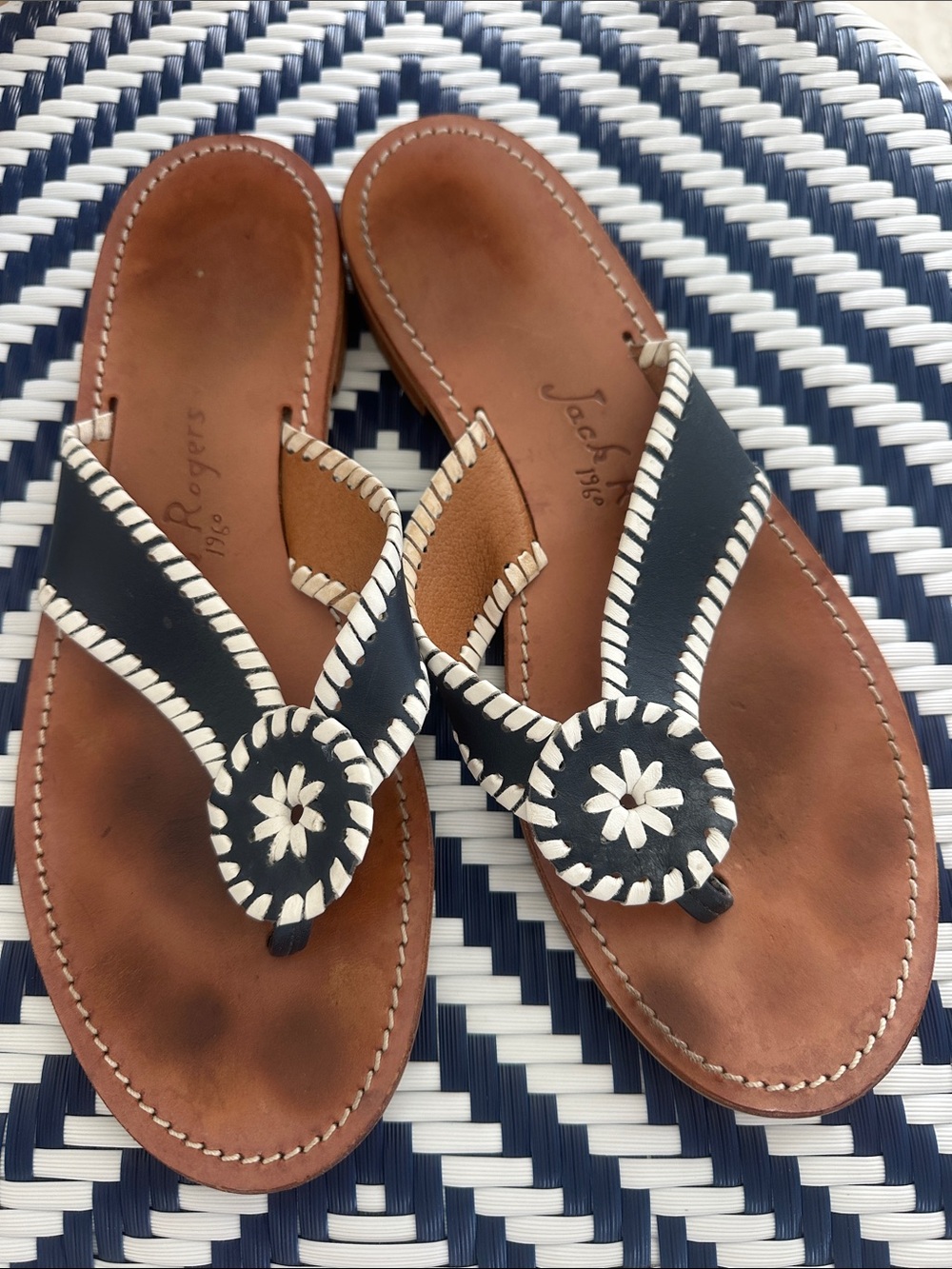 Jack Rogers Navy & White Braided Thong Sandals 10